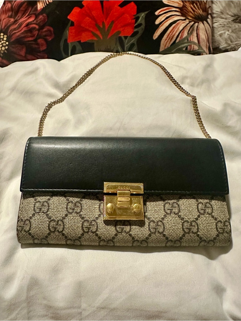 Gucci Black Leather & Beige GG Canvas Wallet on Chain with Gold Hardware - auth